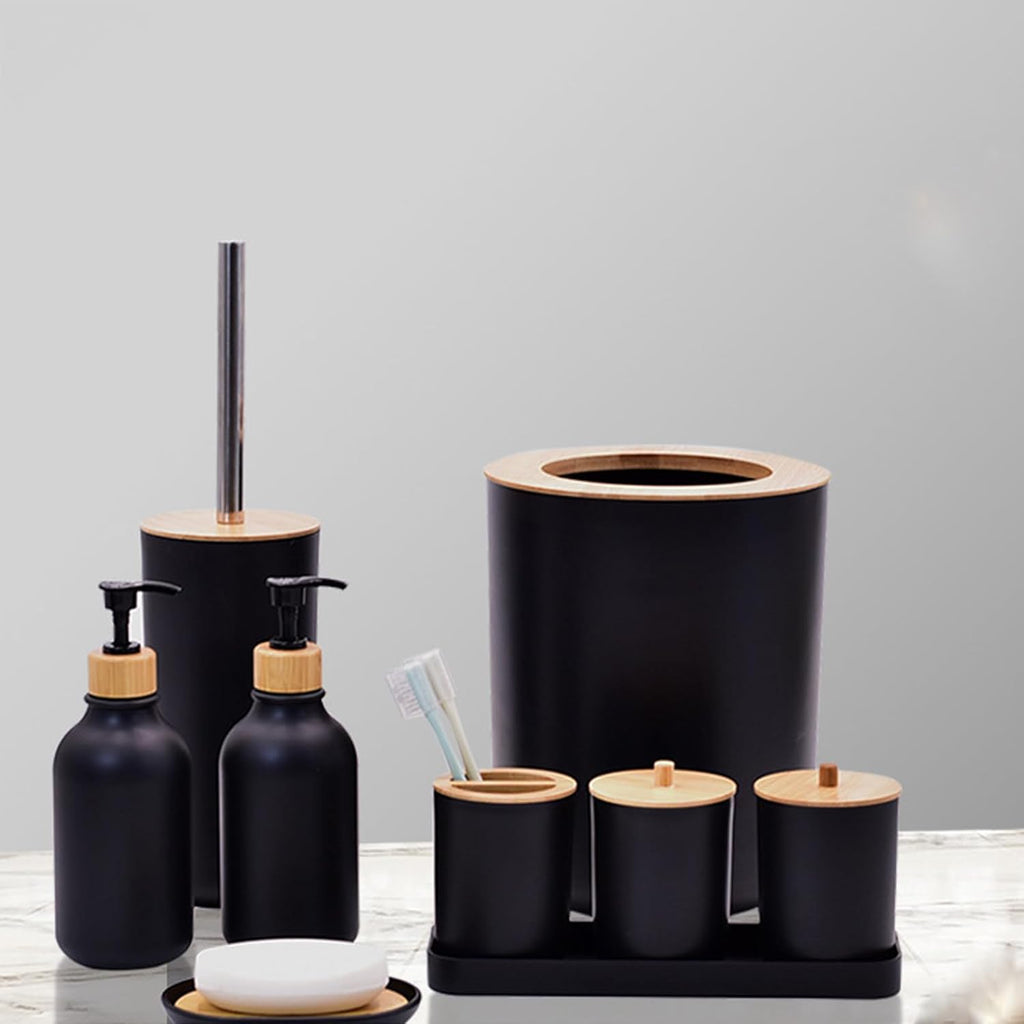 Generic Bathroom Accessories Set,9 Pcs Bathroom Accessory, Soap Dispenser, Soap Dish, Toilet Brush, Trash Can,Toothbrush Holder, Vanity Tray, Modern Bathroom Decor (Black)