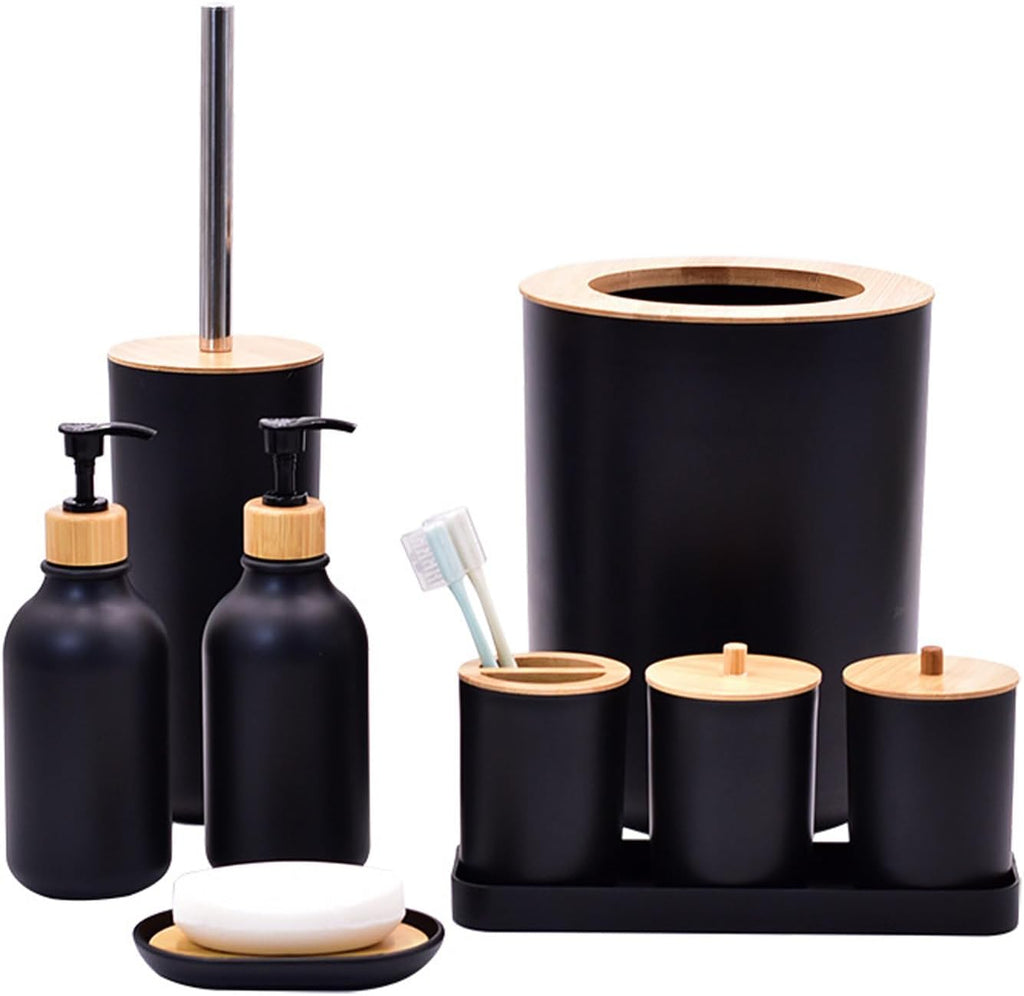 Generic Bathroom Accessories Set,9 Pcs Bathroom Accessory, Soap Dispenser, Soap Dish, Toilet Brush, Trash Can,Toothbrush Holder, Vanity Tray, Modern Bathroom Decor (Black)