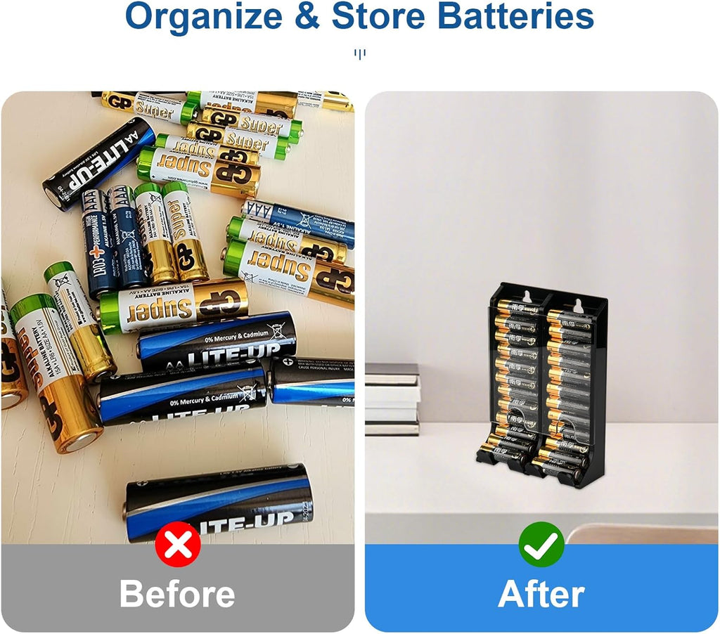 AA Battery Organizer Storage Holder, Acrylic Dispenser Holds 22 Batteries, Wall Mount Caddy, Small Chute Container First-in First-out (Black)