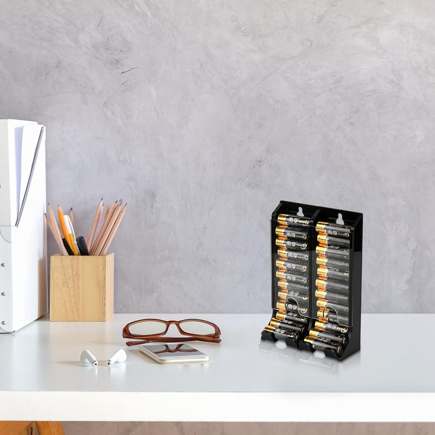 AA Battery Organizer Storage Holder, Acrylic Dispenser Holds 22 Batteries, Wall Mount Caddy, Small Chute Container First-in First-out (Black)