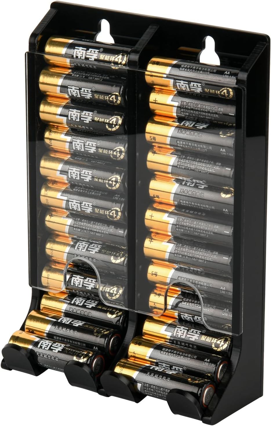 AA Battery Organizer Storage Holder, Acrylic Dispenser Holds 22 Batteries, Wall Mount Caddy, Small Chute Container First-in First-out (Black)