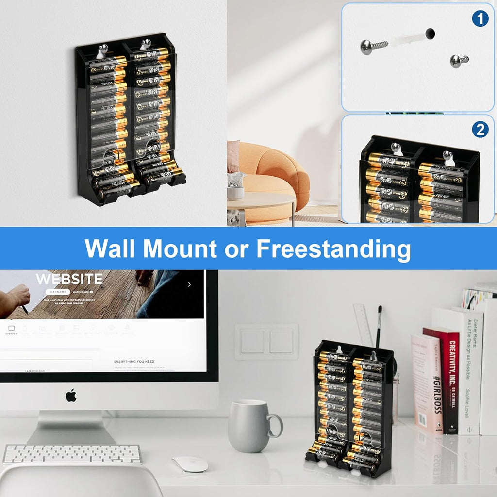 AA Battery Organizer Storage Holder, Acrylic Dispenser Holds 22 Batteries, Wall Mount Caddy, Small Chute Container First-in First-out (Black)