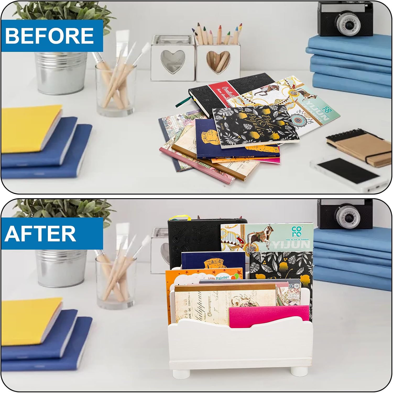 File Holder for Desk, 3 Slots Wood Folder Organizer Desktop, Sturdy Mail Sorter Countertop for Bills, Letters, Paper, Magazines, Documents, Envelopes, No Assembly Required