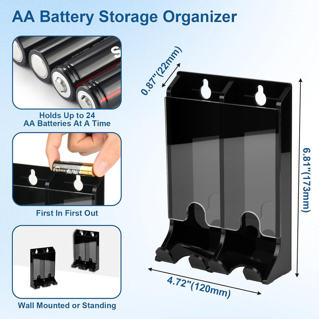 AA Battery Organizer Storage Holder, Acrylic Dispenser Holds 22 Batteries, Wall Mount Caddy, Small Chute Container First-in First-out (Black)