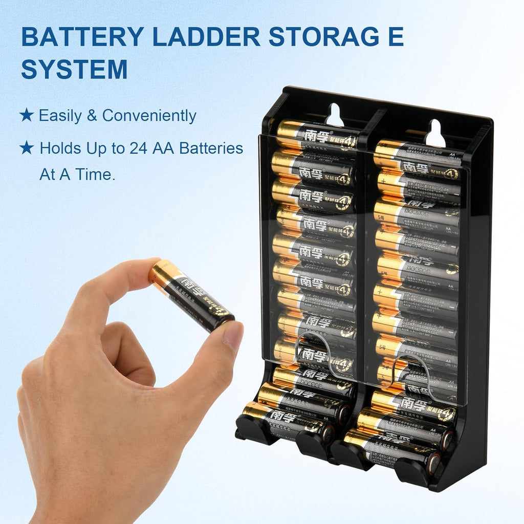 AA Battery Organizer Storage Holder, Acrylic Dispenser Holds 22 Batteries, Wall Mount Caddy, Small Chute Container First-in First-out (Black)