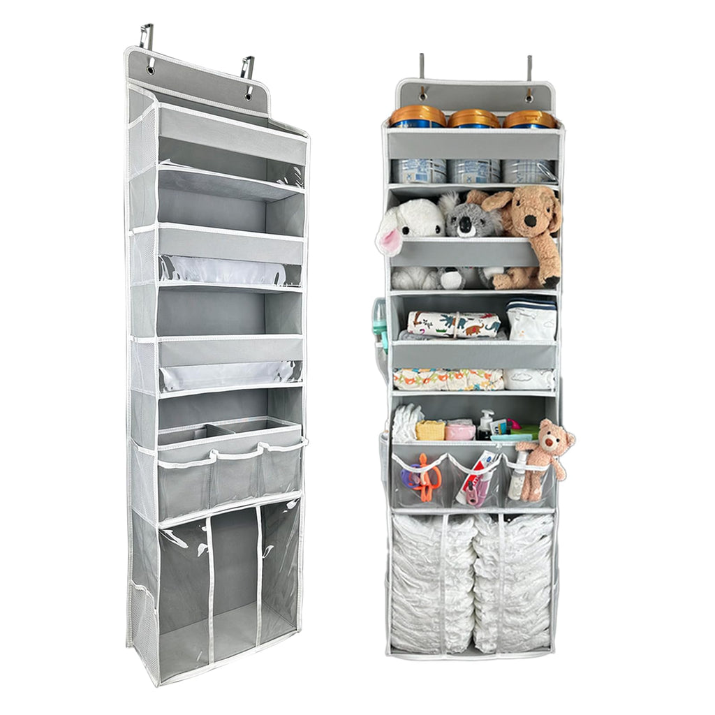 Door Hanging Storage Organizer,with 3 Bins 1 Movable Baby Diaper Caddy,1 Large capacity diaper stacking storage Organizer,10 Side Pockets ,Bedroom Door Storage for Nursery Baby Essentials. (Beige)