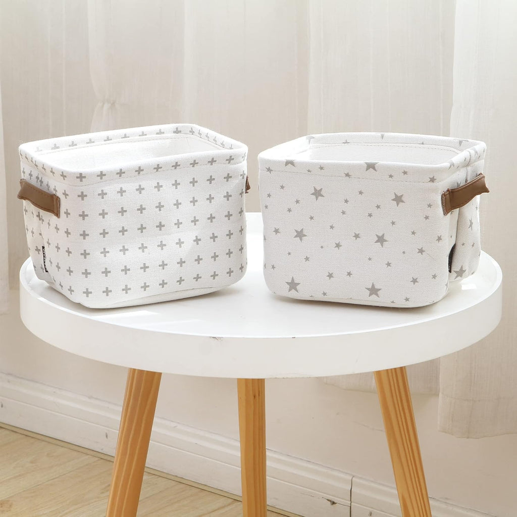 Sea Team Collapsible Small Canvas Fabric Storage Basket with Handles, Square Mini Storage Box, Cube, Foldable Shelf Basket, Closet, Desk Organizer for Nursery, Home, Office (Grey, Set of 4)