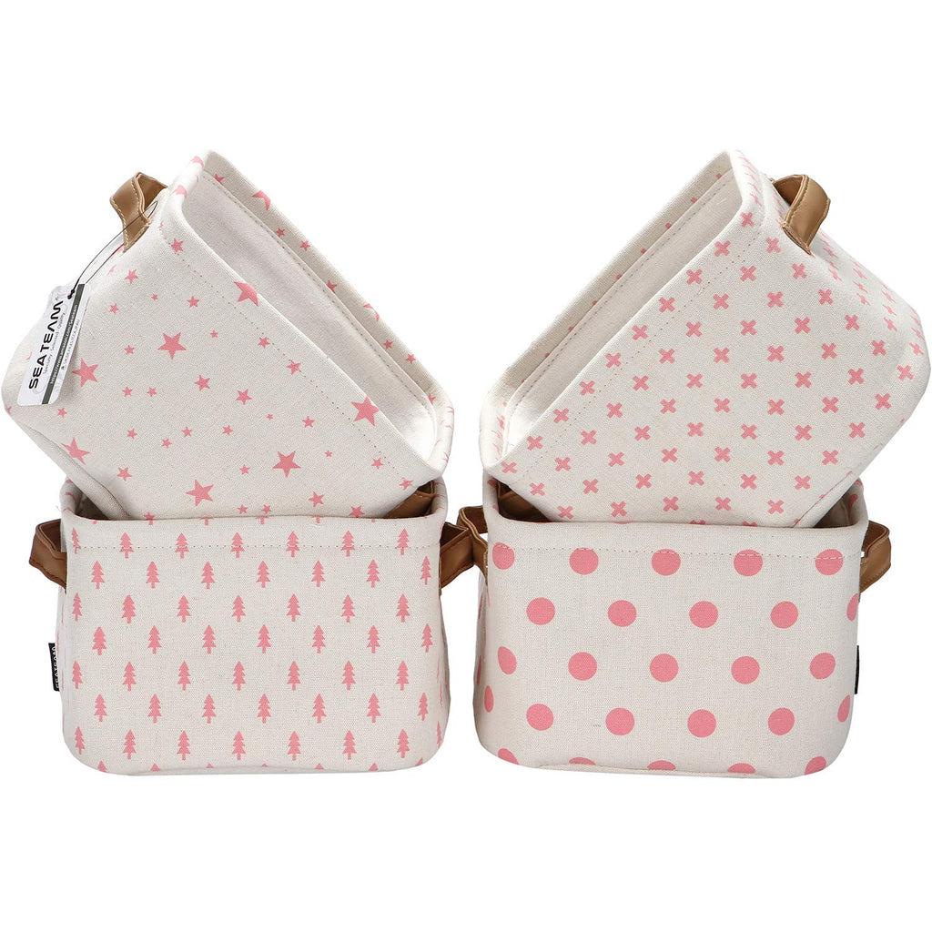 Sea Team Collapsible Small Canvas Fabric Storage Basket with Handles, Square Mini Storage Box, Cube, Foldable Shelf Basket, Closet, Desk Organizer for Nursery, Home, Office (Grey, Set of 4)