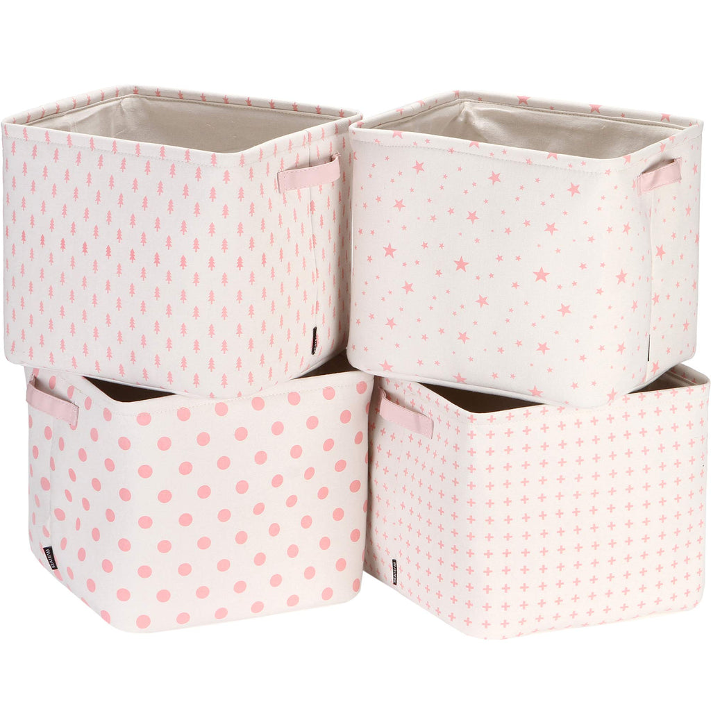 Sea Team Collapsible Small Canvas Fabric Storage Basket with Handles, Square Mini Storage Box, Cube, Foldable Shelf Basket, Closet, Desk Organizer for Nursery, Home, Office (Grey, Set of 4)